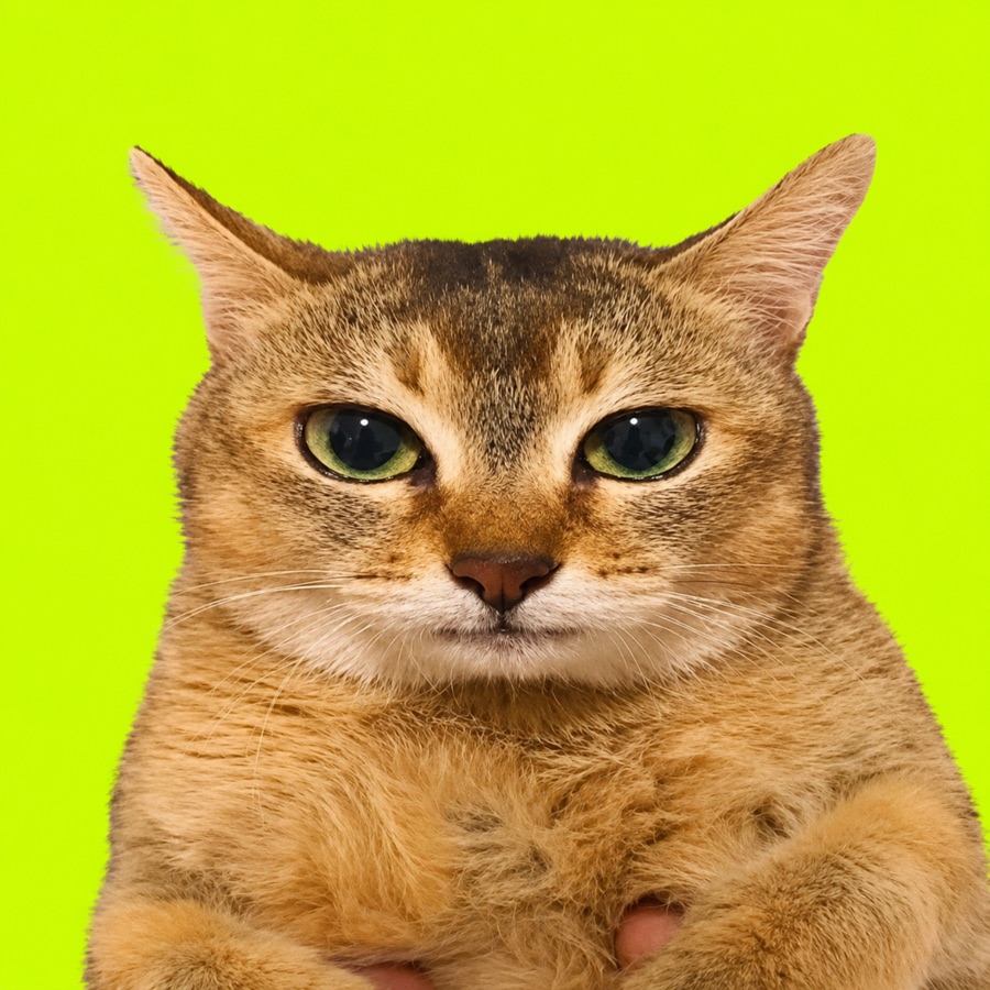 Mei Mei, a golden-brown cat with green eyes on a neon background